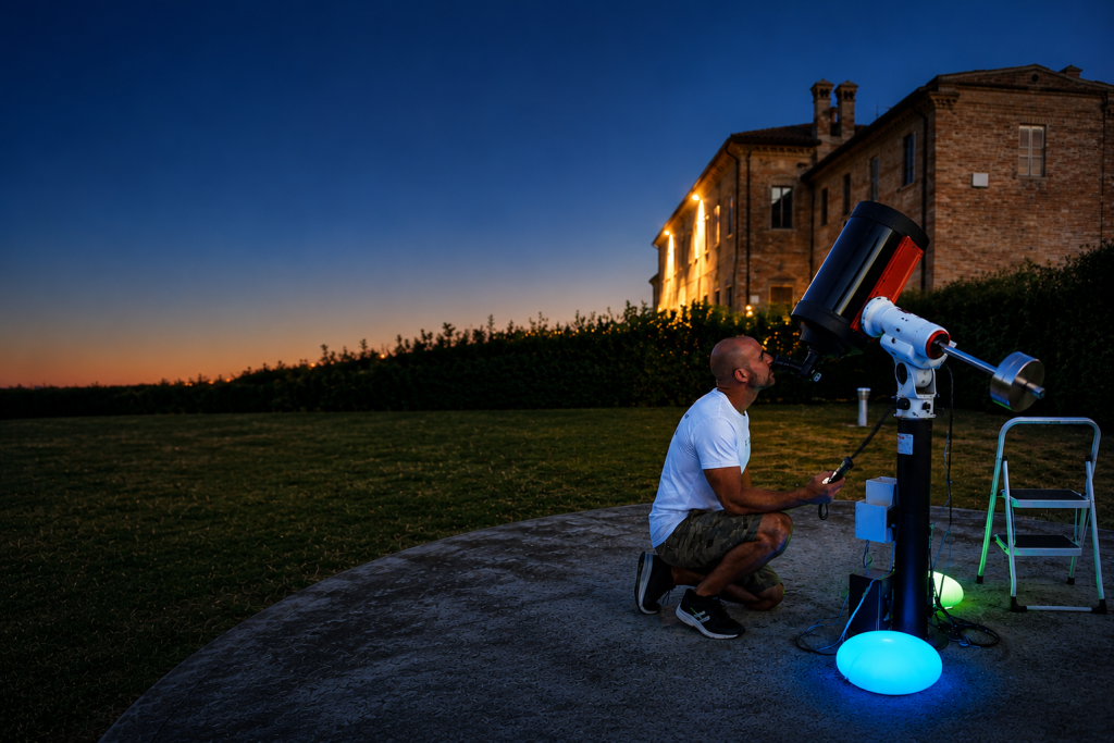 persona in ginocchio al telescopio sul prato con sfondo la villa del bali' al crepuscolo