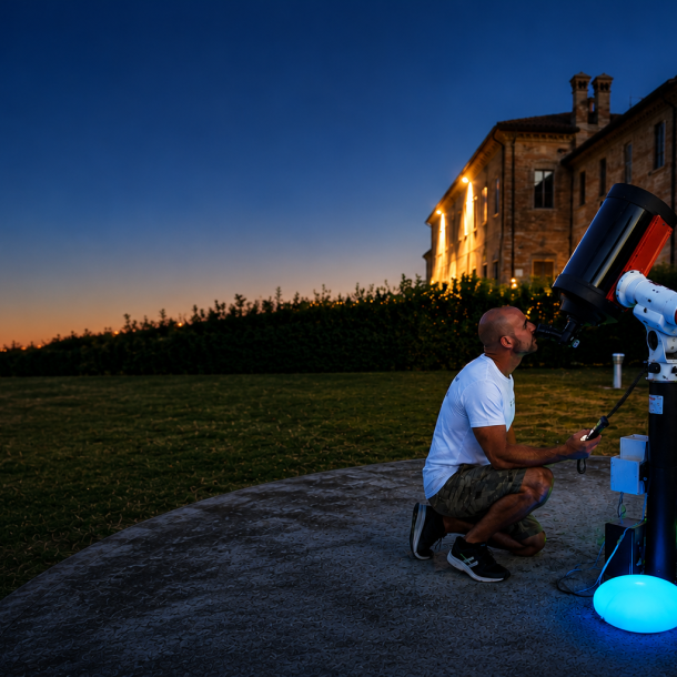 persona in ginocchio al telescopio sul prato con sfondo la villa del bali' al crepuscolo
