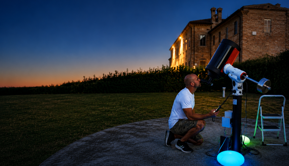 persona in ginocchio al telescopio sul prato con sfondo la villa del bali' al crepuscolo